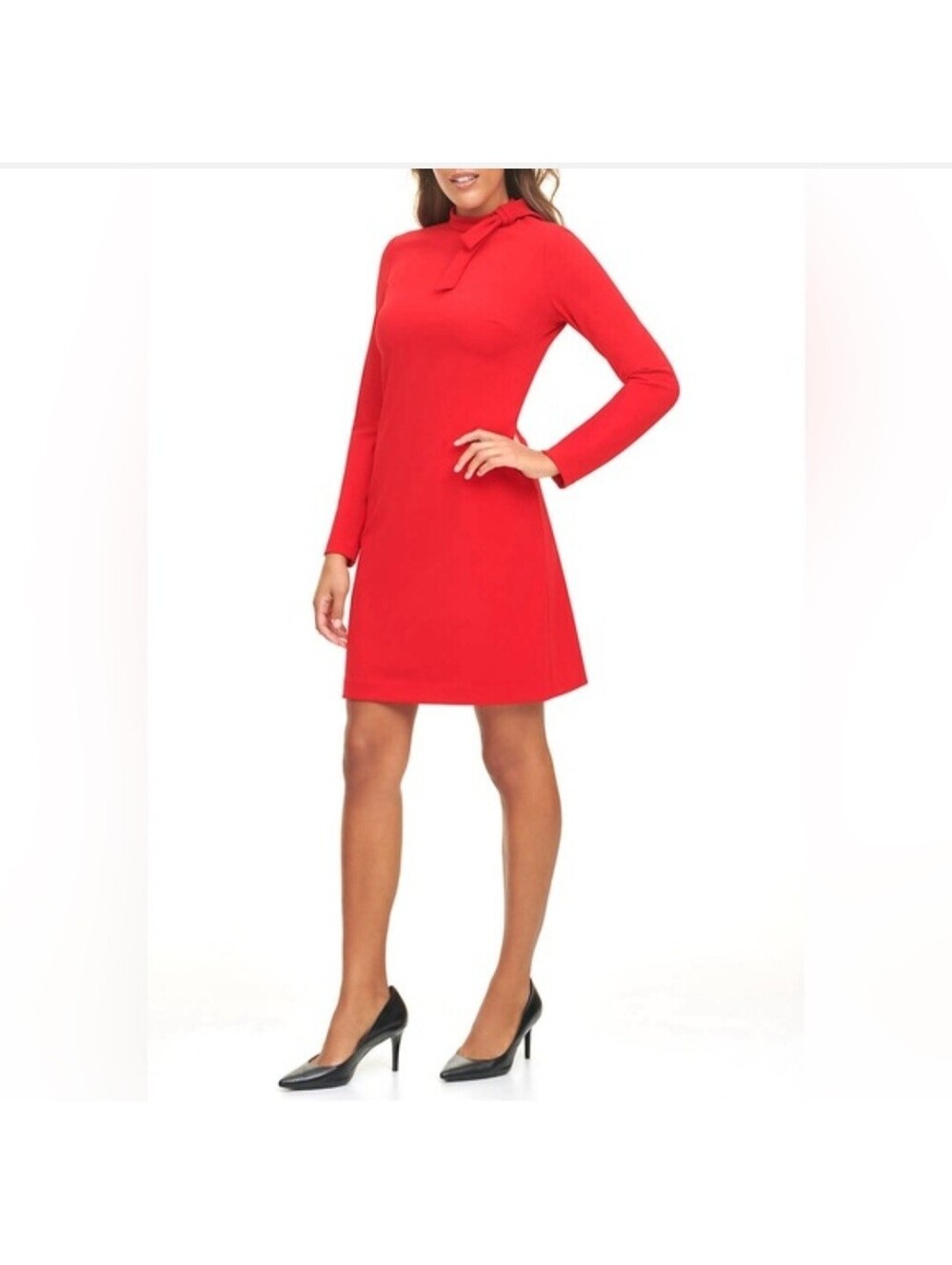 Calvin Klein Red Long Sleeve Mock Neck Bow Scuba Crepe Shift Dress 10